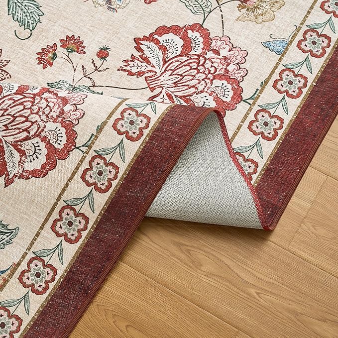 jinchan Elora 3x5 Floral Rug for Entryway Washable Kitchen Rug Vintage Romance Design Small Mat Non Slip Indoor Doormat Lightweight Low-Profile Throw Carpet for Bathroom Laundry Room, Red/Beige