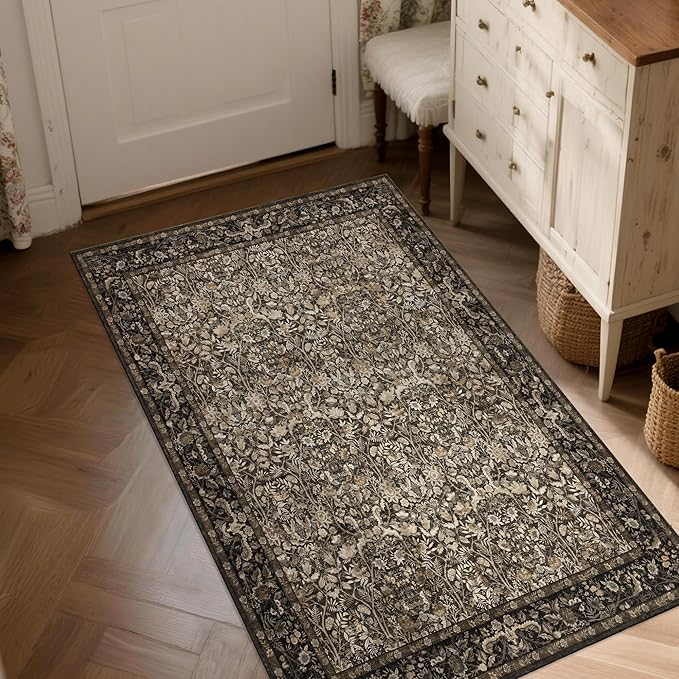Washable Living Room Rug: 3x5 Boho Floral Soft Area Rug for Bedroom Decor - Vintage Low Pile Thin Carpet for Dining Room Non-Slip - Farmhouse Stain Resistant Rugs - Dark Brown