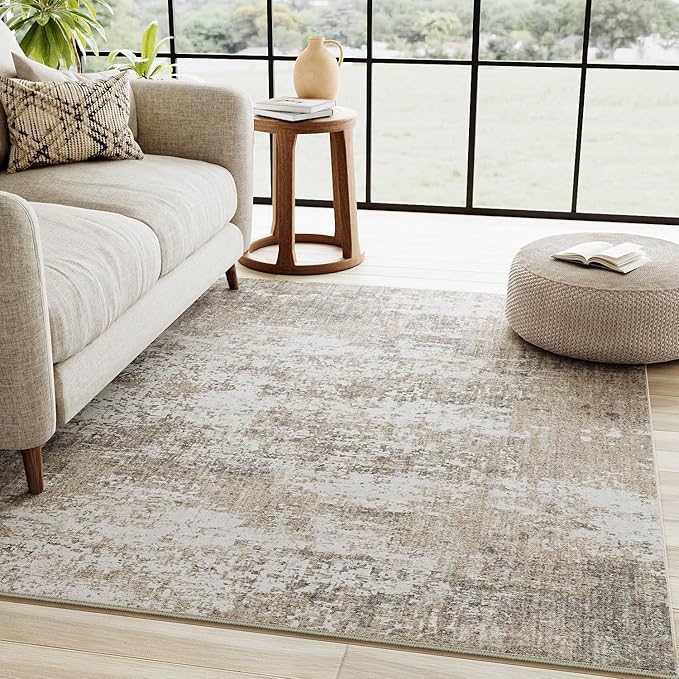 Modern Abstract Beige Gray Area Rug 4x6 Entryway Machine Washable Office Carpet Kitchen Door Mat Indoor Accent Throw Low Pile Non Slip Distressed Living Dining Laundry Room Bedroom