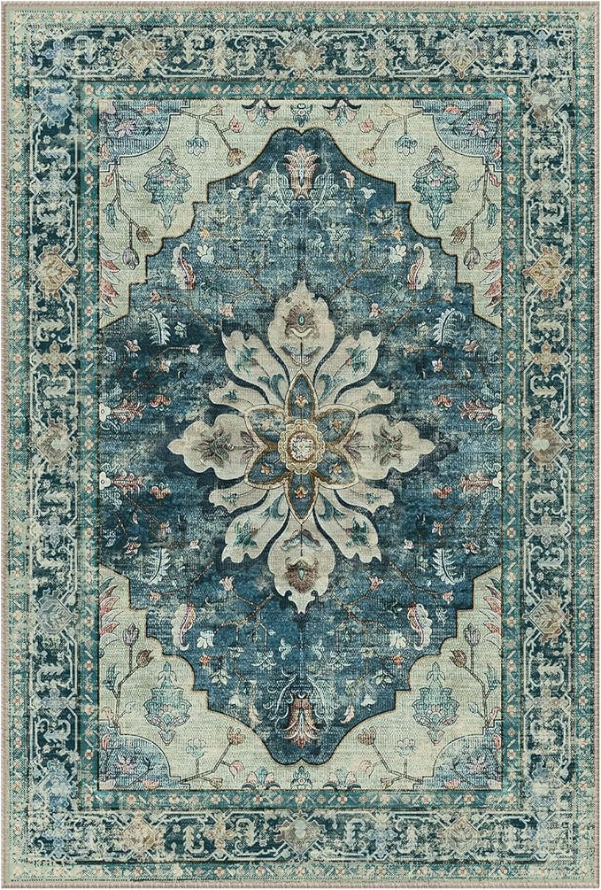 Area Rugs 2'x7' Washable Non-Slip, Floral Vintage Distress Print Pattern Medallion Carpet for Living Room Bedroom Dining Room, Dark Blue Vintage