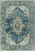 Area Rugs 3'x8' Washable Non-Slip, Floral Vintage Distress Print Pattern Medallion Carpet for Living Room Bedroom Dining Room, Dark Blue Vintage