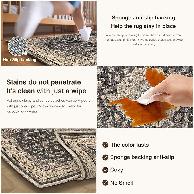 HUGEAR Machine Washable Hallway Runner Rugs 2x6 Vintage Black Neutral Style Non Slip Stain Resistant Low Pile Throw Carpet for Bedroom Kitchen Retro Aesthetic Modern Decor