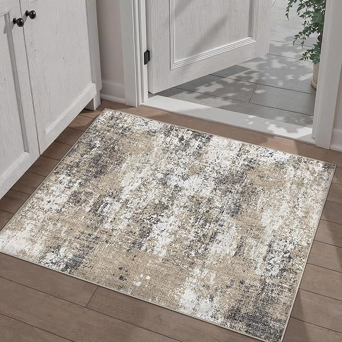 2x3 Abstract Area Rug Brown Washable Modern Entryway Carpet Non Slip Ultra Soft Neutral Low Pile Door Mat Contemporary Small Throw Rug for Bathroom Laundry Kitchen Dining Room