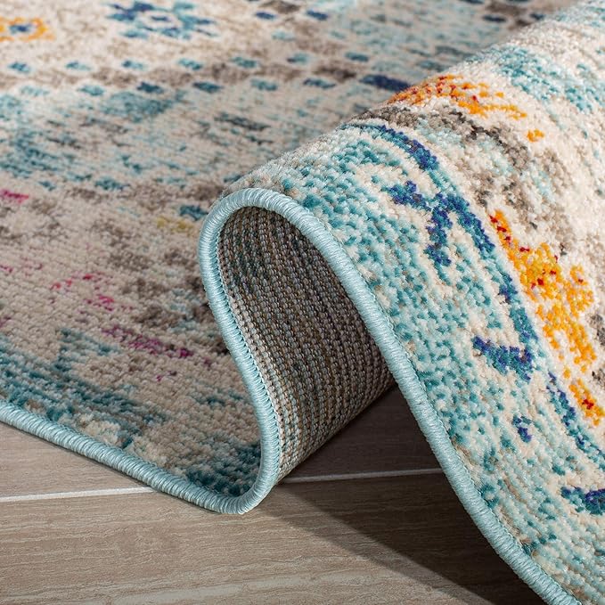 SAFAVIEH Madison Collection Area Rug - 6'7" Round, Blue & Yellow, Boho Diamond Distressed Design, Non-Shedding & Easy Care, Ideal for High Traffic Areas in Living Room, Bedroom (MAD418K)