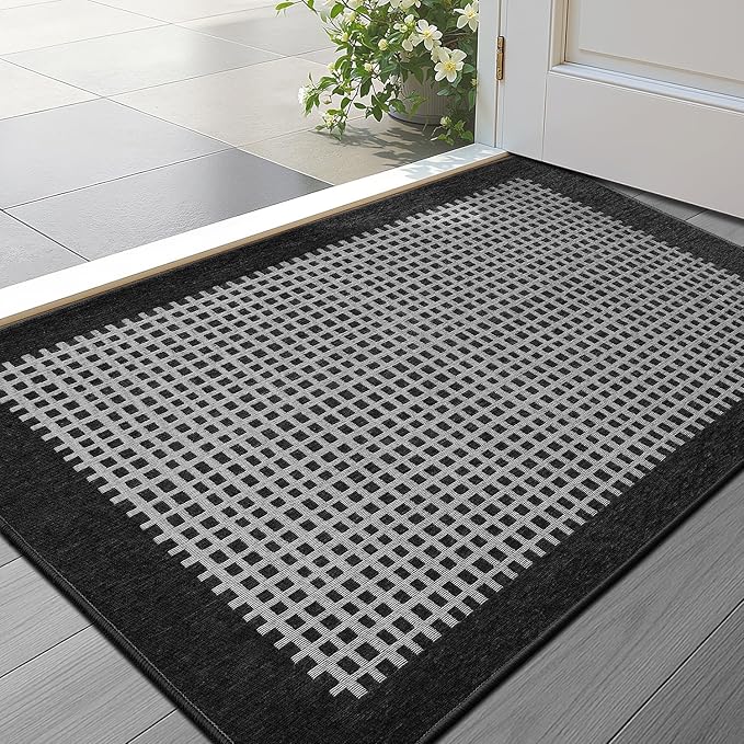 LUMI Inside Door Mat for Entry 17''x30'', Absorbent, Dirt Trapper, Low Profile Thin, Non Slip Mats with Rubber Backing, Ideal for Indoor, High Traffic, Garage, Entrance, Checkered Black
