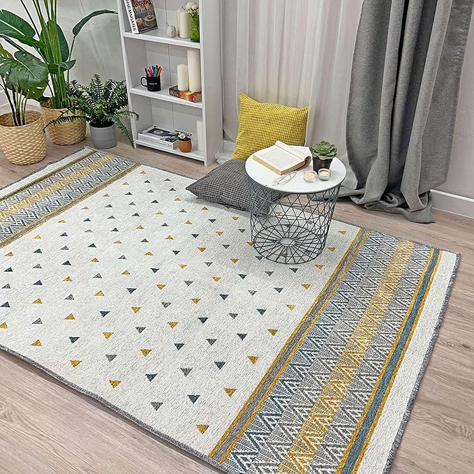 Alfa Rich 7x10 Gold Gray Off White Washable Area Rugs for Living Room Bedroom Kitchen Decor Cotton
