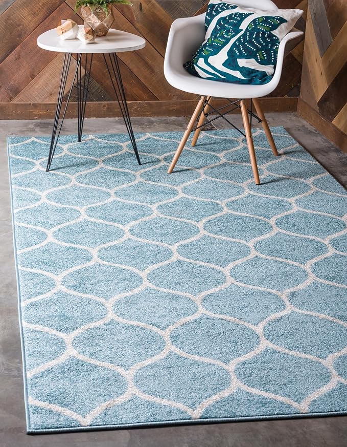 Rugs.com Lattice Frieze Collection Rug – 9' x 12' Light Blue Medium Rug Perfect for Living Rooms, Large Dining Rooms, Open Floorplans