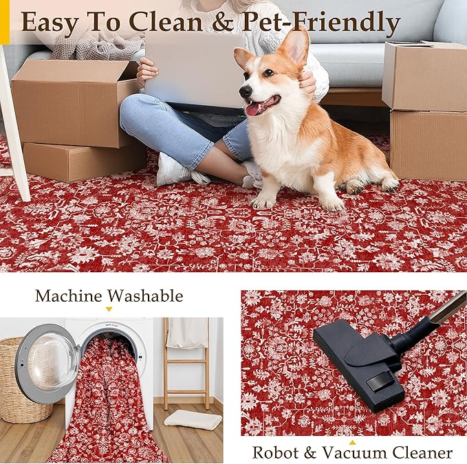 Christmas Area Rug 2x3 Red Washable Entryway Non Slip Small Carpet Holiday Door Mat Vintage Distressed Floral Accent Rug Low Pile Soft Thin Xmas Doormat for Bathroom Laundry Kitchen
