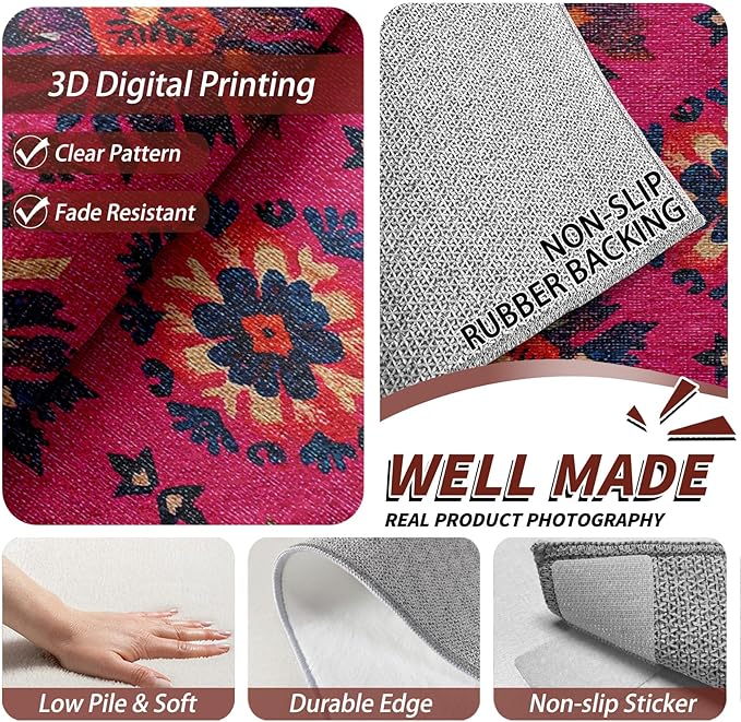 4x6 Rug Washable - Southwestern Rug for Bedroom, Ethnic Vintage Floral Medallion Non Slip Low Pile Area Rugs for Living Room Laundry, Southwestern Carpet Room Decor & Gifts