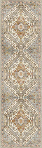 Bavni Kitchen Rug 2x7 Runner Rugs for Hallways Entryway, Washable Vintage Print Carpet, Ultra-Thin Chenille Low Pile Lightweight Rug with Non Slip Backing, Tan/Grey