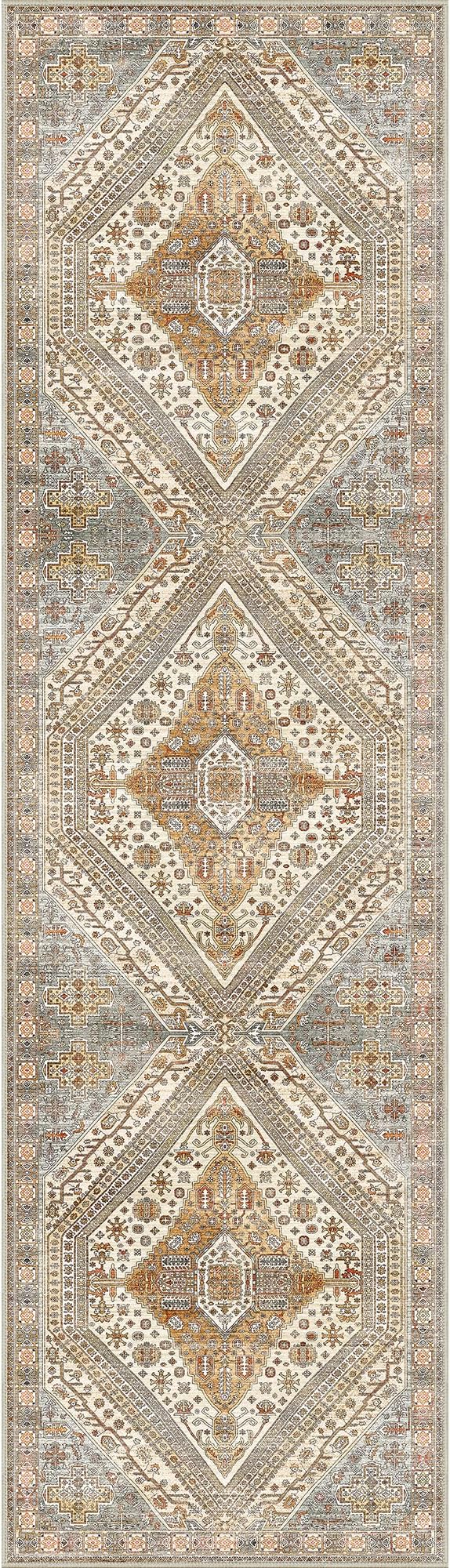 Bavni Kitchen Rug 2x7 Runner Rugs for Hallways Entryway, Washable Vintage Print Carpet, Ultra-Thin Chenille Low Pile Lightweight Rug with Non Slip Backing, Tan/Grey