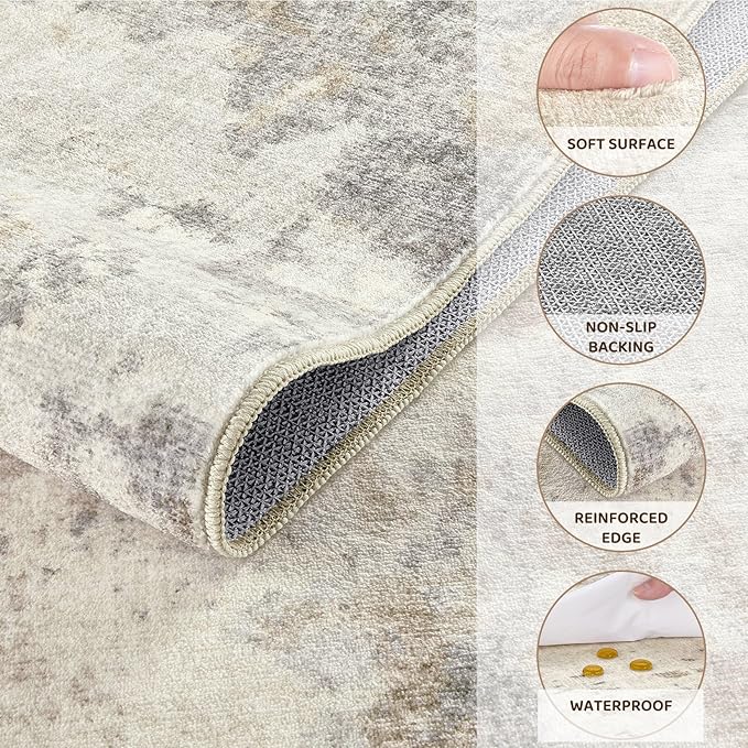 2x3 Entryway Area Rug: Washable Neutral Modern Abstract Small Rug - Non-Slip Low Pile Throw Indoor Carpet for Entrance Kitchen Front Door Mat Bathroom Entry Kids Room - Light Brown/Gray