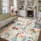 Beige Area Rug 8x10 Floral Washable Living Room Kitchen Boho Carpet Non Slip Low Pile Indoor Accent Lightweight Soft Throw Rug for Bedroom Office Dining Room Nursery Farmhouse