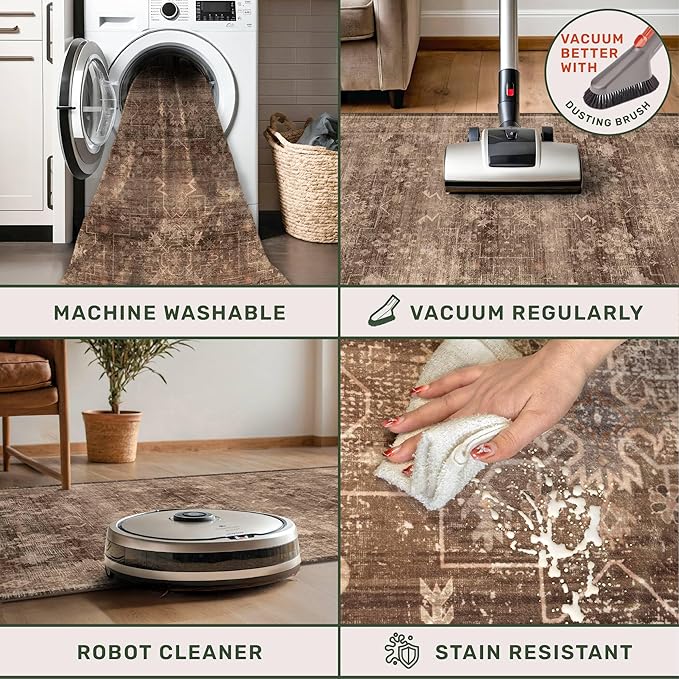 Taupe Brown Living Room Rug 6x9 - Vintage Traditional Eclectic Unique Neutral, Washable Low Pile Non-Slip Large Area Rugs for Dining Under Table Bedroom Lounge