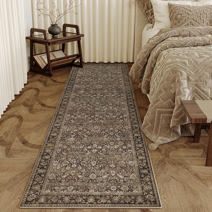 HUGEAR 3x10 Runner Rug Machine Washable Brown Hallway Area Rug Indoor Accent Rug Floral Low Pile Carpet Soft Throw Rug Bedroom Living Room Office Dining Room Kitchen Laundry Room Non Slip