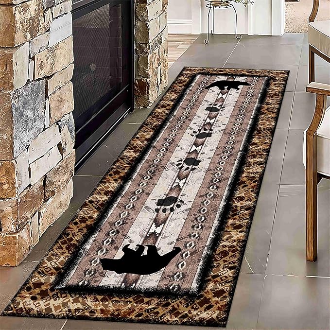 Unique Wildlife Runner Rug, 2x8ft, Bear Border Design Area Rug, Rustic Log Cabin Runner for Entryway, Rubber Backing Durable Floor Rug, Vintage Western Decoration, Fade-Resistant Print Carpet