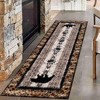 Unique Wildlife Runner Rug, 4x10ft, Bear Border Design Area Rug, Rustic Log Cabin Runner for Entryway, Rubber Backing Durable Floor Rug, Vintage Western Decoration, Fade-Resistant Print Carpet