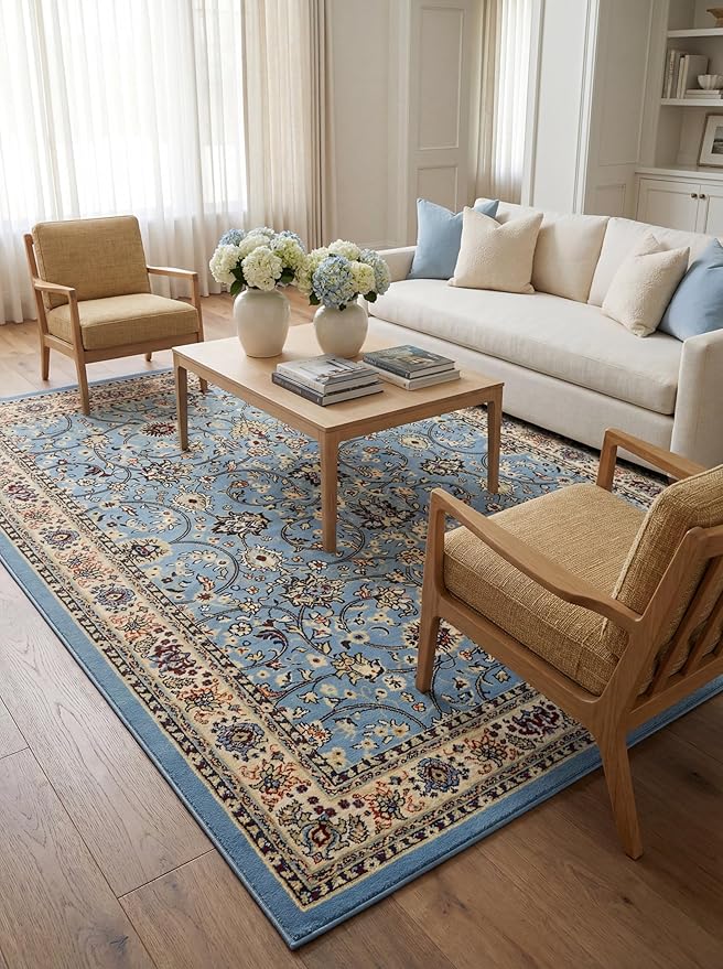 Rugs.com Yasmin Collection Rug – 9' x 12' Light Blue Medium Rug Perfect for Living Rooms, Large Dining Rooms, Open Floorplans