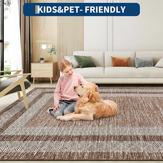 GarveeHome Large Washable Rug 9x12 Modern Geometric Non Slip Distressed Bordered Printed Rug, Soft Non Shedding Indoor Carpet, Low Pile Thin Foldable Mats for Open Spaces Offices, Brown