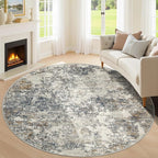 6ft Washable Round Rug - 6x6 Area Rugs Modern Abstract Rugs for Living Room Non-Slip Low Pile Soft Machine Washable Carpet for Bedroom, Living Room, Dining Room, Nursery, Farmhouse (6'x6' Tan Blue)