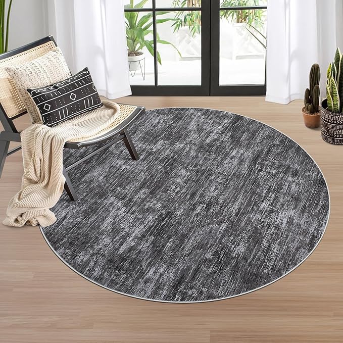 RUGSREAL Washable Round Rug 4x4 ft for Living Room Modern Round Rug Small Bedside Carpet with Rubber Backing Stain Resistant Small Entry Mat Neutral Circle Rug for Bedroom Nursery Home Decor, Grey