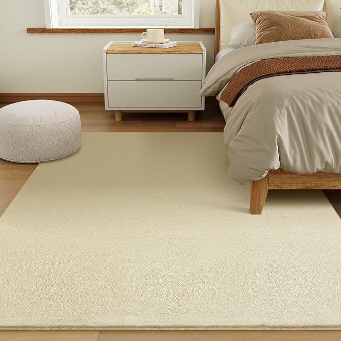 Solid Washable Area Rug - 5x7 Medium Pile Faux Cashmere Carpet for Living Room Bedroom, Light Yellow