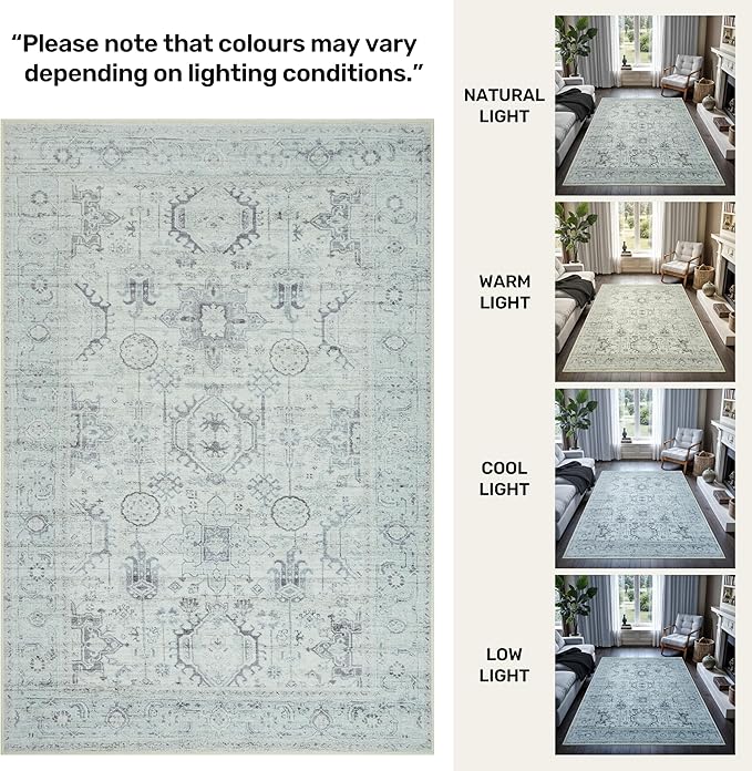 GLN Rugs Traditional Collection - Machine Washable Area Rug, Traditional Washable, Non Slip, Low Pile Chenille Rug, Living Room, Bedroom, Kitchen Rug (2'6" x 7' Cream/Gray/Sea Salt)