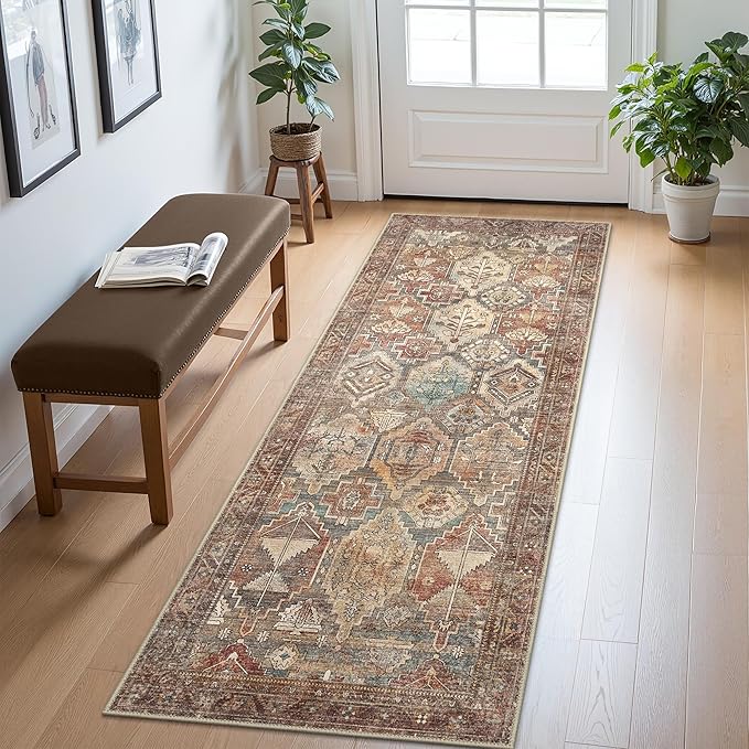 Bavni Washable Rug 8x10 Area Rug for Living Room Bedroom Dining, Washable Vintage Print Carpet, Ultra-Thin Low Pile Lightweight Rug with Non Slip Backing, Reddish Brown