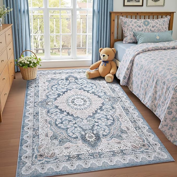 4x6 Area Rug for Bedroom, Machine Washable Rugs with Non-Slip Backing for Living Room, Soft Vintage Carpet Kitchen Laundry Kids Room Decor, Blue & Beige