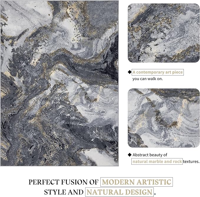 Abstract 10x14 Area Rugs: Modern Washable Rug for Living Room Bedroom Dining Room Indoor - Thin Low Pile Non-Slip Large Carpet - Black Gold