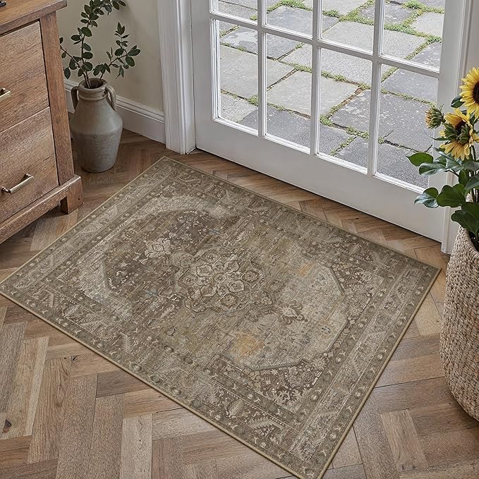 2x3 Brown Washable Vintage Area Rug for Living Room Bedroom Non Slip Distressed Traditional Soft Throw Rug Low Pile Lightweight Floral Doormat Entryway Dining Laundry Room Kitchen