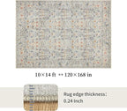 Washable Living Room Rug: 10x14 Boho Floral Soft Area Rug for Bedroom Decor - Vintage Low Pile Thin Carpet for Dining Room Non-Slip - Farmhouse Stain Resistant Rugs - Beige Blue