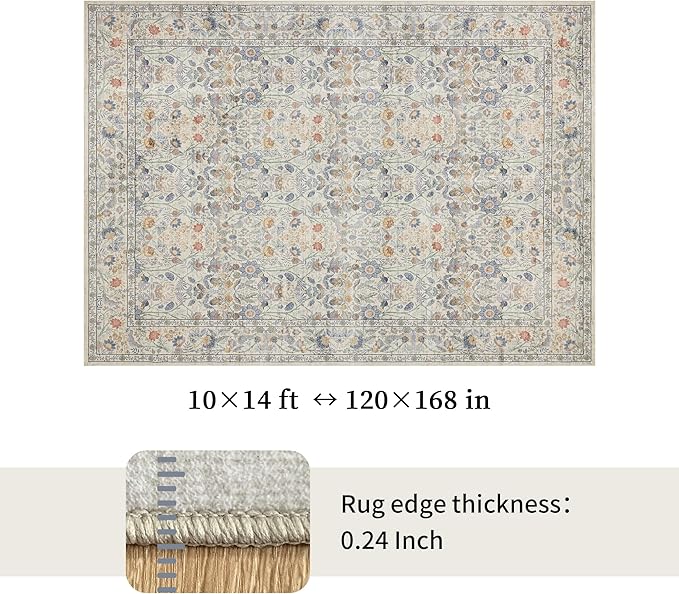 Washable Living Room Rug: 10x14 Boho Floral Soft Area Rug for Bedroom Decor - Vintage Low Pile Thin Carpet for Dining Room Non-Slip - Farmhouse Stain Resistant Rugs - Beige Blue