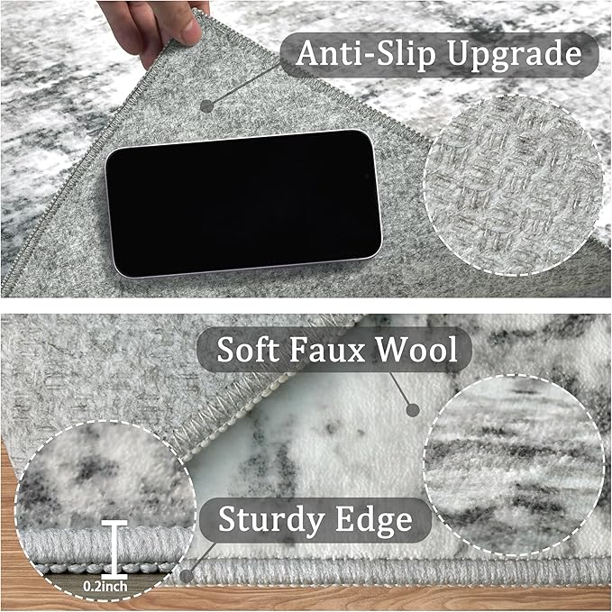 2x3 Machine Washable Area Rug for Entryway, Grey Modern Vintage Abstract Rug Non-Slip Low Pile Soft Faux Wool Small Carpet, Kids and Pets Friendly for Bedroom Kitchen Hallway Home Decor Rug