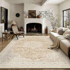 HUGEAR Machine Washable Area Rugs 8x10 Vintage Beige Brown Living Room Bedroom Rug Neutral Style Non Slip Stain Resistant Low Pile Throw Carpet for Home Retro Aesthetic Modern Decor