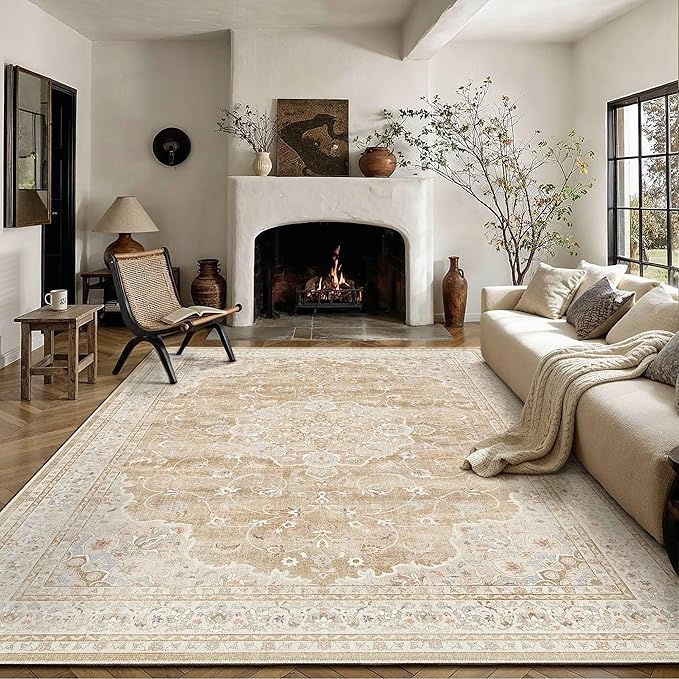 HUGEAR Machine Washable Area Rugs 8x10 Vintage Beige Brown Living Room Bedroom Rug Neutral Style Non Slip Stain Resistant Low Pile Throw Carpet for Home Retro Aesthetic Modern Decor