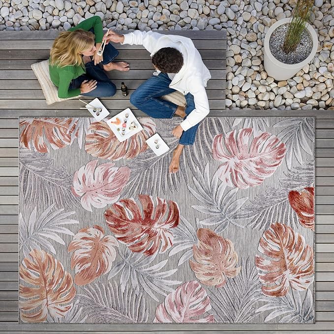 CAMILSON Indoor Outdoor Rug, Mult 10’x14’ Leaf Tropical Botanical Area Rugs for Indoor and Outdoor patios, Easy-Cleaning Non-Shedding Living Room, Garden and Kitchen Washable Outside Carpet (10x14)
