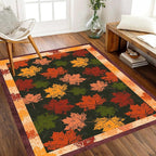 Fall Themed Area Carpet, 5x7ft, Autumn Fallen Leaves Print Pattern Retro Rustic Style Dark Stain Resistant Throw Rug, Low-Profile Non Slip Breathable Floor Mat for Dining Room Laundry