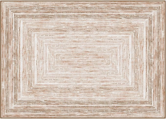Phantoscope Washable Area Rug 5'x7' Non-Slip, Modern Neutral Boho Rugs for Living Room, Bedroom, Dining Room, Distressed Geometric Rectangle Pattern, Low-Pile Foldable Floor Carpet, Neutral Beige/Rust
