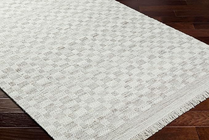 Mark&Day Wool Rugs, 2x8 Clinten Solid and Border Light Gray Runner Checkered Rug, Grey Ivory Carpet for Hallway, Kitchen, Bedroom or Living Room (2'6" x 8' Runner)