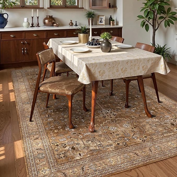 Washable Area Rug 5' x 7' Vintage Traditional Persian Mat - Foldable Distressed Non-Slip Machine Washable Carpet for Living Room Bedroom Kitchen Home Decor - Bronze and Ivory