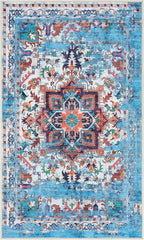 GLN Rugs Traditional Collection - Machine Washable Area Rug, Traditional Washable, Non Slip, Low Pile Chenille Rug, Living Room, Bedroom, Kitchen Rug (2'6" x 7' Blue/Multicolor)