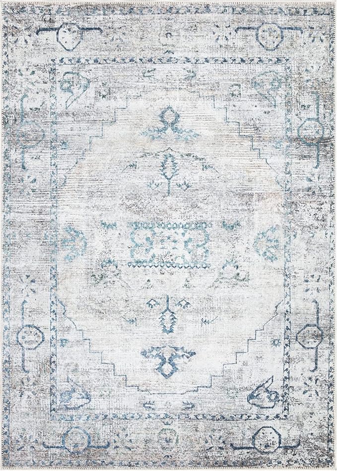 Bloom Rugs Washable Non-Slip 8' x 10' Rug - Teal/Beige Traditional Area Rug for Living Room, Bedroom, Dining Room, and Kitchen - Exact Size: 8' x 10'