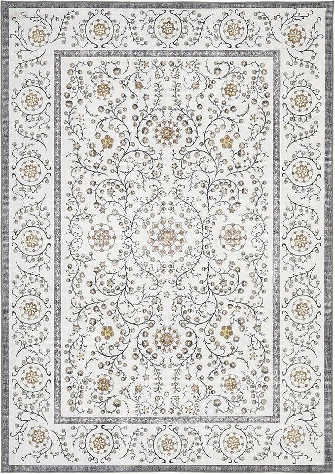 GarveeHome Boho 6x9 Area Rug for Living Room, Floral Vintage Rugs for Bedroom with Soft Low Pile, Non Slip Stain Resistant Botanical Washable Rug 6x9 for Dining Room Grey Carpet for Dorm Office