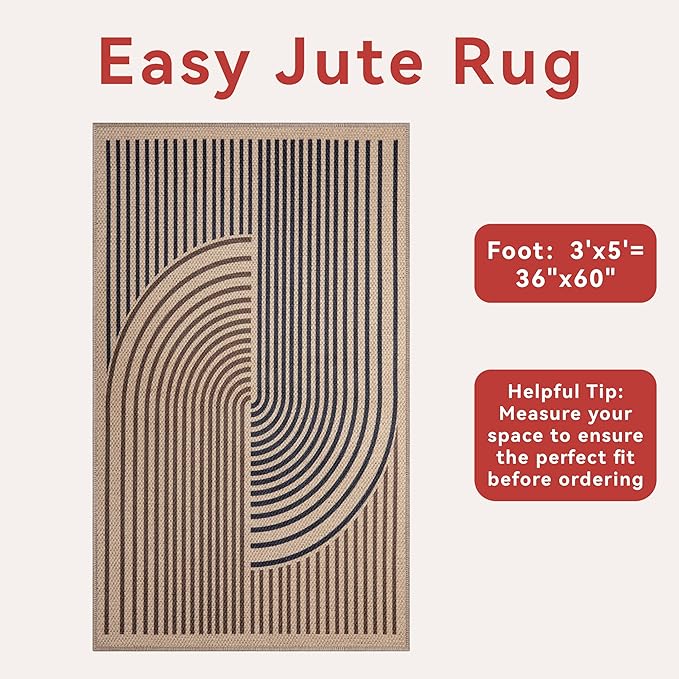 Tangsoo Easy Jute 3x5 Rug for Living Room,Non-Slip Thin Dark Brown Rainbow Indoor Outdoor Area Rug,Washable Boho Farmhouse Carpet for Front Porch Bedroom Patio Entryway