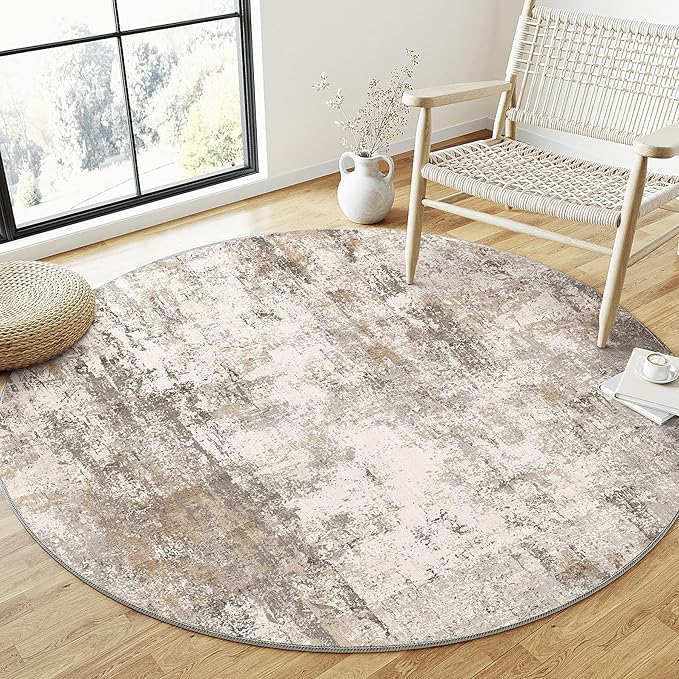 8x8 Washable Round Rug Brown Grey Abstract Living Room Bedroom Area Rug Neutral Modern Non Slip Soft Low Pile Indoor Carpet for Dining Room Office Entryway