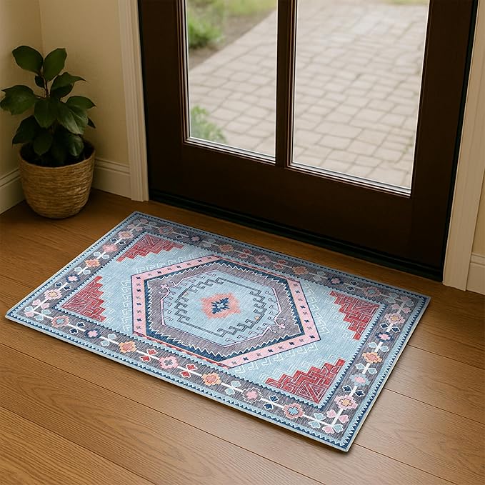 Fame Living Washable Area Rug. Modern Farmhouse. Vintage. Turkish. Bohemian. Distressed. Oriental. Traditional. Rugs for Living Room. Dining. Bedroom. Office. Entryway. Foyer. (856BlM, 2' x 3')