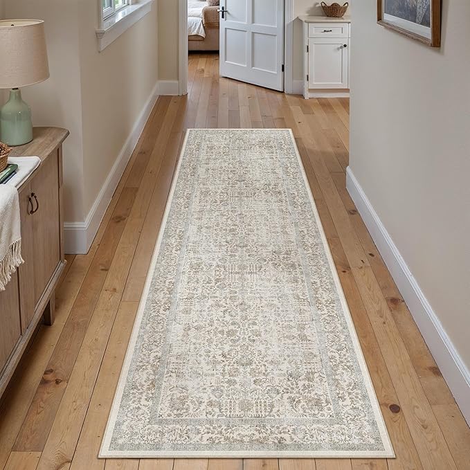 Taupe Runner Rug 2x8 Hallway Machine Washable Kitchen Vintage Distressed Non Slip Long Carpet Indoor Retro Floral Bedroom Accent Throw Rug for Bathroom Office Laundry Dining Living Room