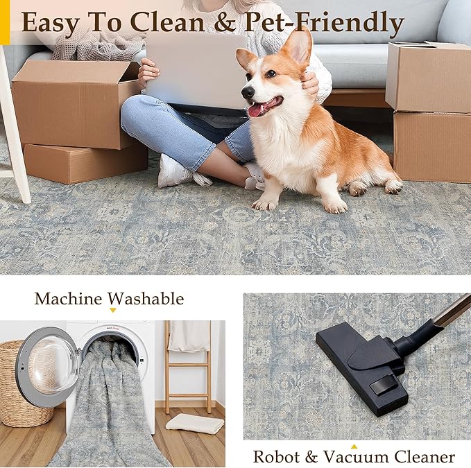 8x10 Blue Washable Area Rug for Living Room Bedroom Neutral Soft Non Slip Rug Low Pile Vintage Distressed Carpet for Dining Room Nursery Office Indoor