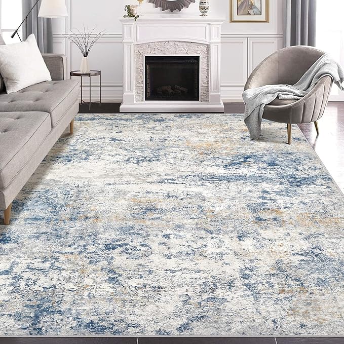 Area Rug Living Room Rugs - 7x9 Abstract Large Soft Indoor Washable Rug Neutral Modern Low Pile Carpet for Bedroom Dining Room Farmhouse Home Office - Blue